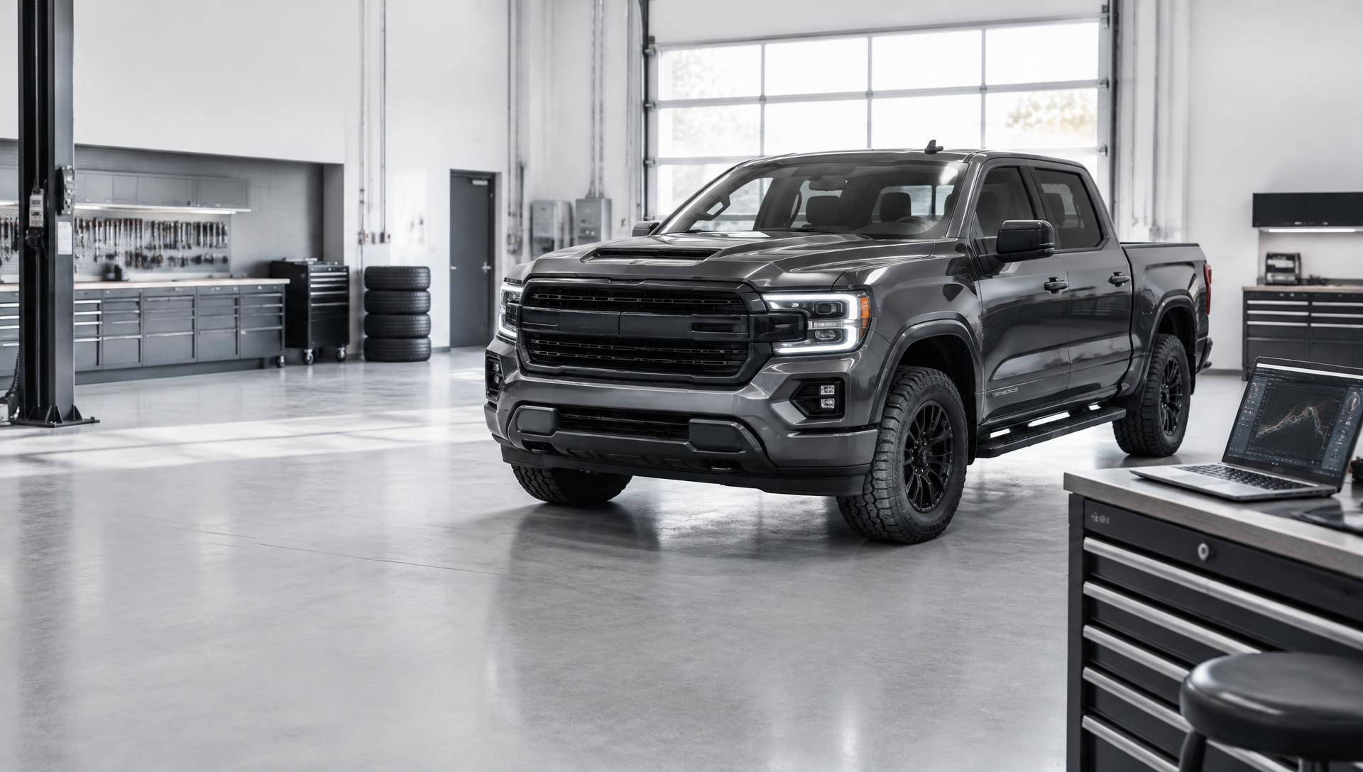 Diesel pickup truck in a GYS Calibration tuning workshop